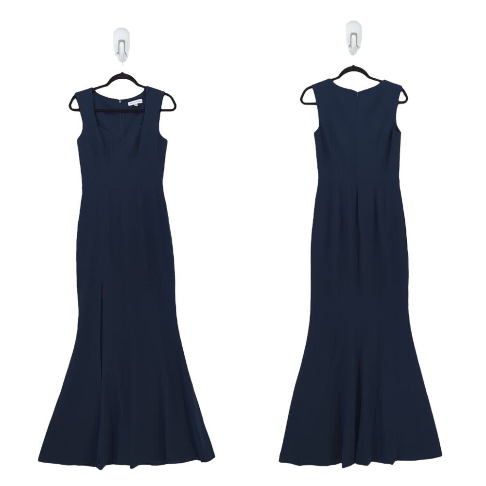 DRESS THE POPULATION Women S Monroe Gown Dress Midnight Blue Slit Sweetheart
